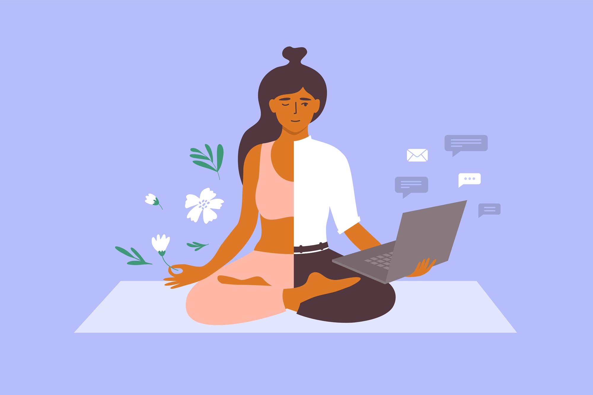 Ilustracja kobiety łączącej relaks z pracą przy laptopie